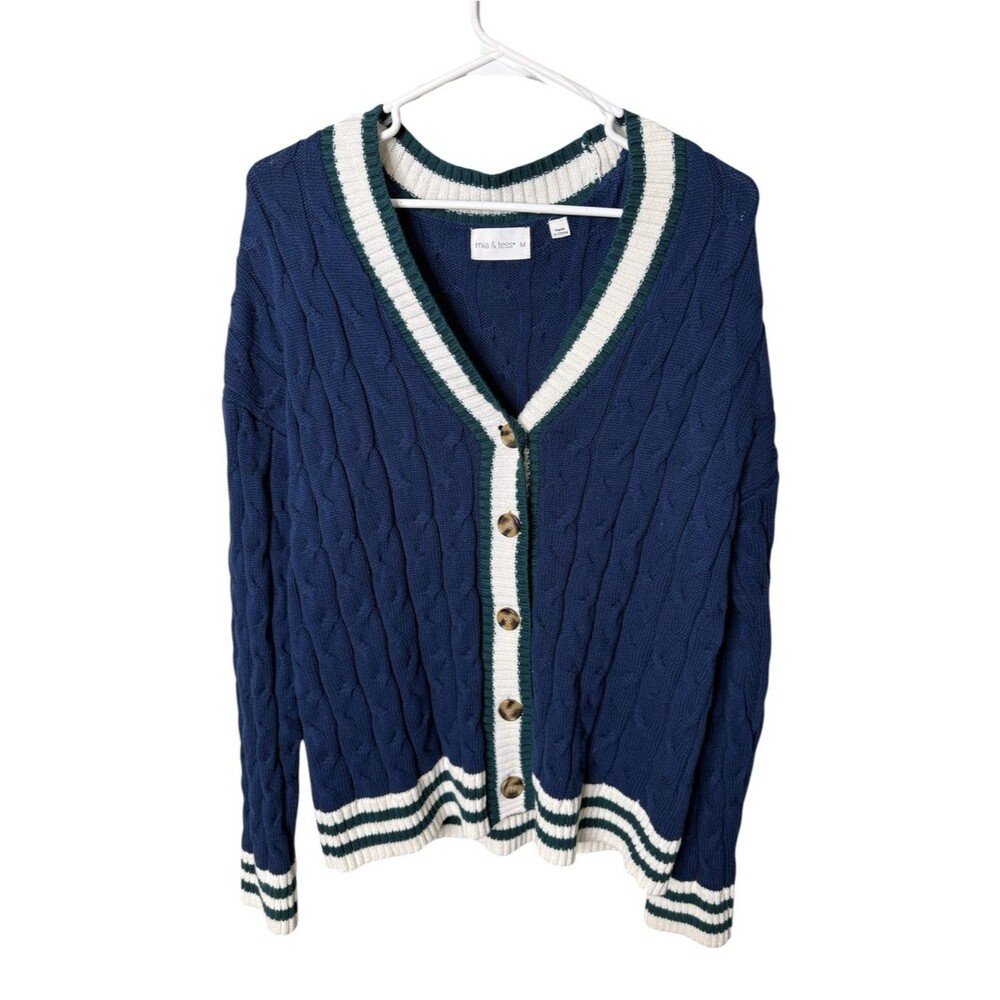 Mia & Tess Blue Green White Cable Knit V-Neck Cardigan Size M